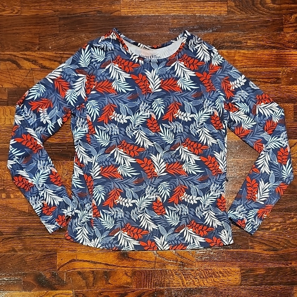 Hang Ten Blue and Red Patriotic Tropical Print Long Sleeve Top UPF Protection 50